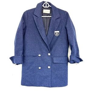 Gucci Double Breasted 3/4 Sleeve Navy Blazer with Brooch and Pearl Buttons